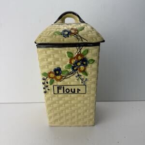 Vtg Hotta Yu Shoten Japanese Basketweave Majolica Blossom Flour Canister
